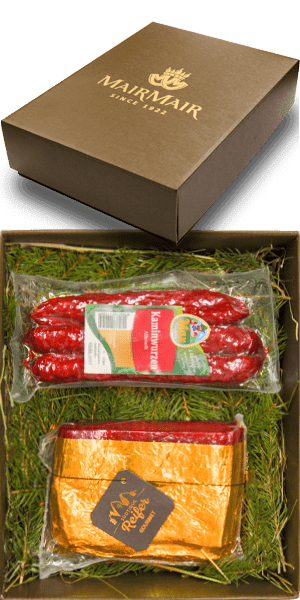 Confezione Regalo Specialità affumicate tirolesi Speck Oro Magro + Affumelli Kaminwurzen - 630 g
