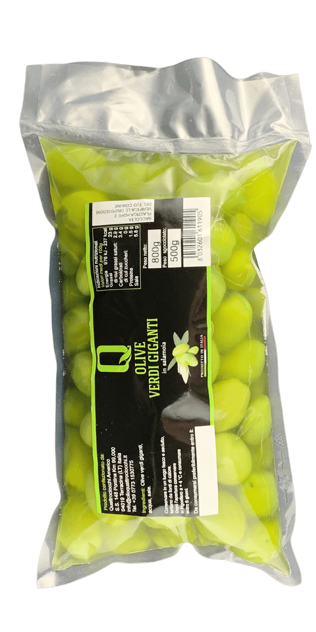Grüne Riesen-Oliven in Salzlake 500g (Vakuumbeutel) - Quattrociocchi - 500 g Grüne Riesen-Oliven in Salzlake 500g (Vakuumbeutel) - Quattrociocchi - 500 g