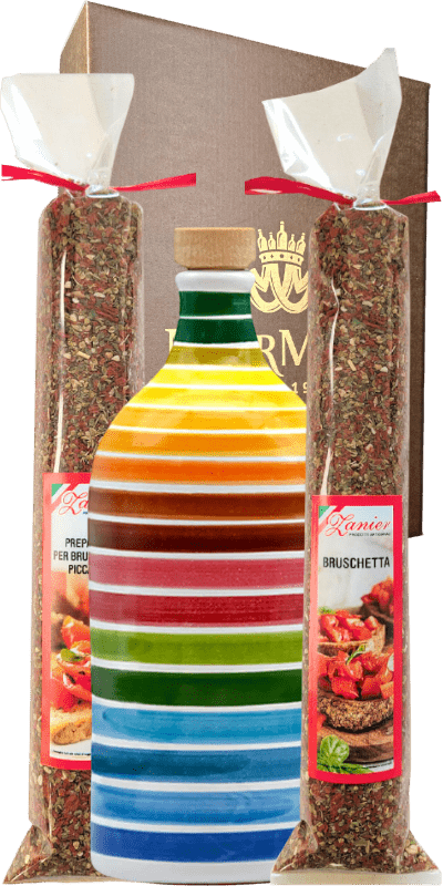 Geschenkset Olivenöl Regenbogen-Krug mit Bruschetta Piccante und Bruschetta Classica