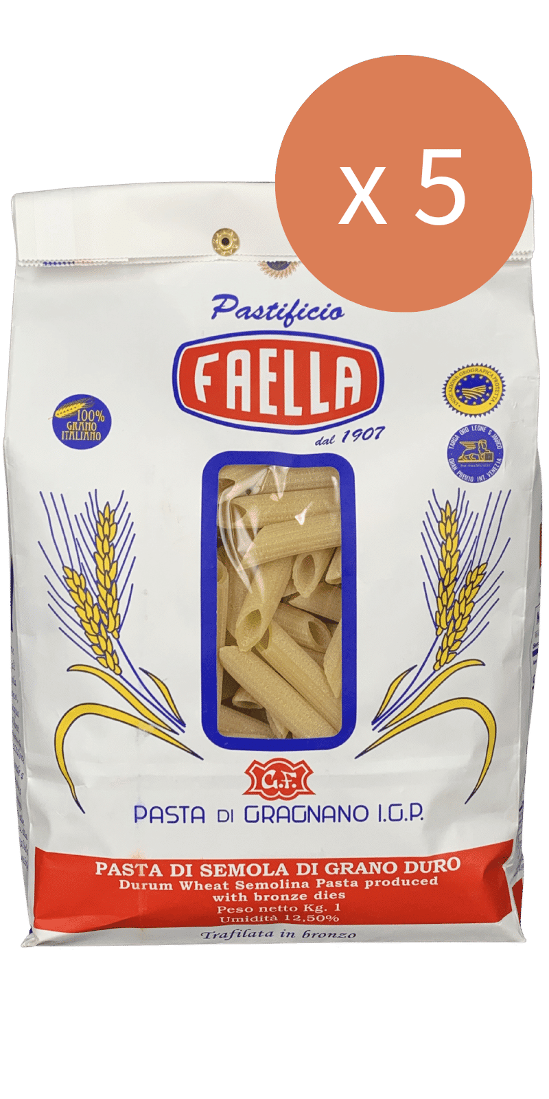Penne Medie Rigate 5 x 1kg - Pastificio Faella Pasta di Gragnano IGP - 5 kg Penne Medie Rigate 5 x 1kg - Pastificio Faella Pasta di Gragnano IGP - 5 kg