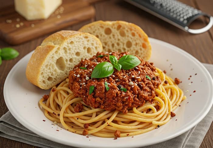 Spaghetti Bolognese mit Ciabatta und Basilikum und Parmesankäse