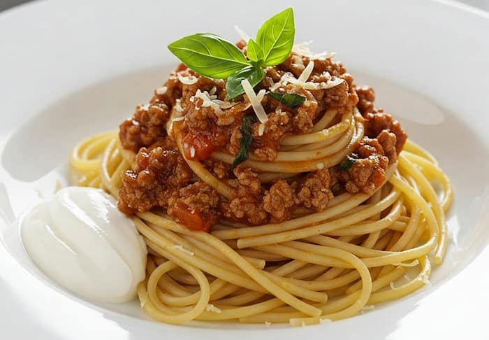 Spaghetti Bolognese klassisch angerichtet mit Parmesan-Spähnen, Basilikum und einem Klecks Crème fraîche.
