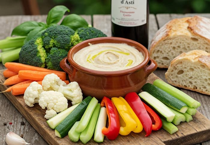Original Bagna Cauda mit Gemüse-Sticks, Ciabatta und einem Barbera d'Asti serviert