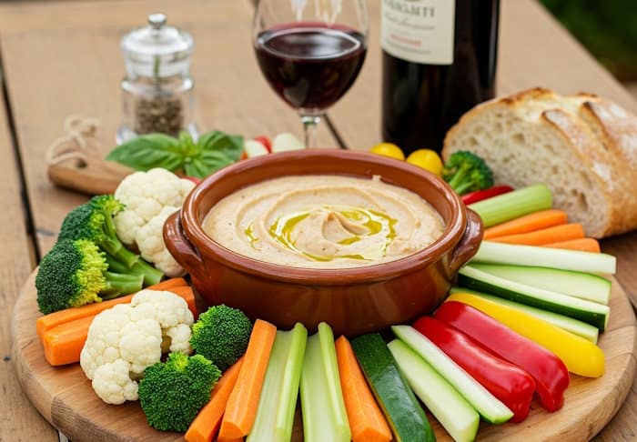 Bagna Cauda original mit viel Sardellen und Olivenöl. Mit Gemüse-Sticks und Ciabatta serviert.