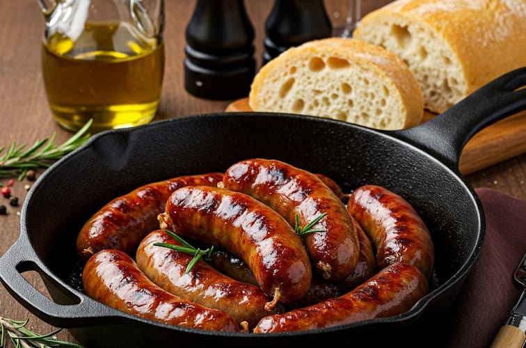 Gebratene Salsiccia in der Pfanne mit Ciabatta als Beilage.