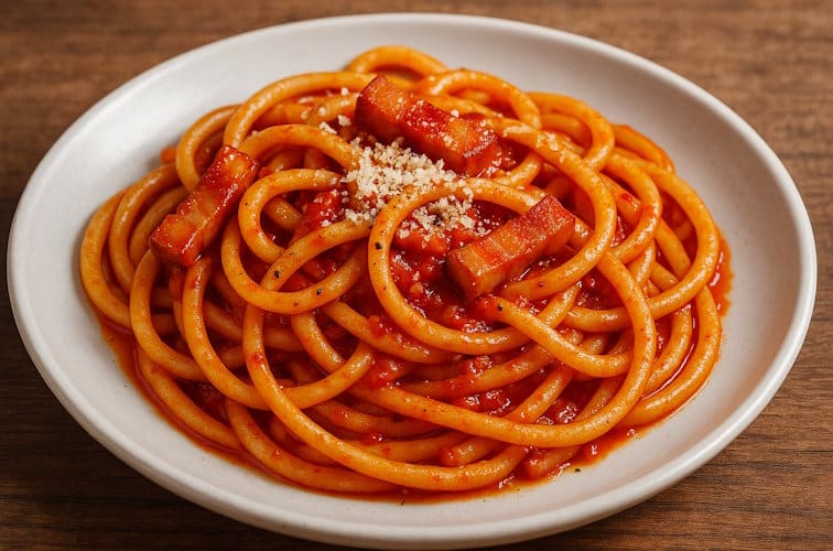 Pasta Amatriciana serviert