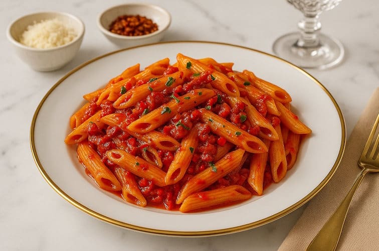 Penne Arrabbiata im Restaurant serviert