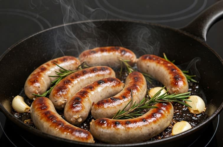 Salsiccia gebraten in der Pfanne auf einem Induktionsherd