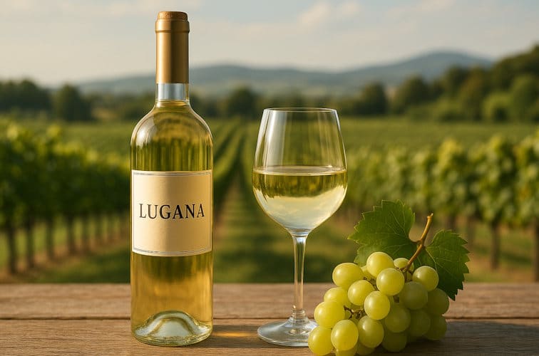 Lugana Wein abgefüllt mit Weinglas und Turbiana Traube - Trebbiano di Lugana