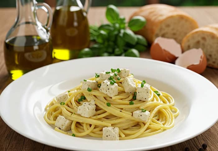 Spaghetti Carbonara vegetarisch (bestes Rezept) 5 Spaghetti Carbonara vegetarisch mit Mozzarellawürfel und Pfeffer