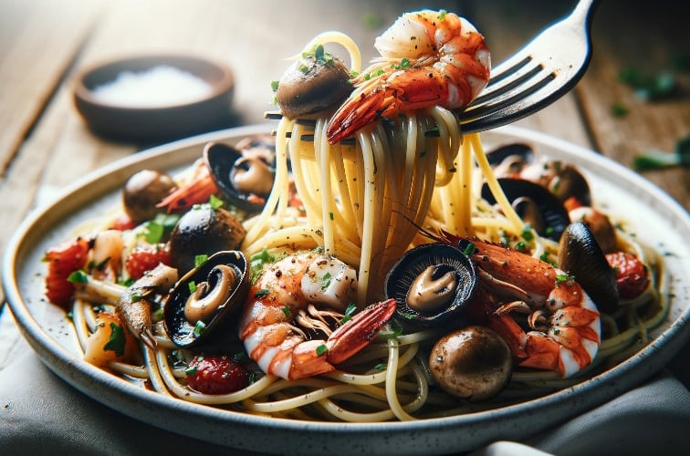 Spaghetti Mare e Monti auf dem Teller mit saftigen Garnelen und Muscheln neben Pilzen