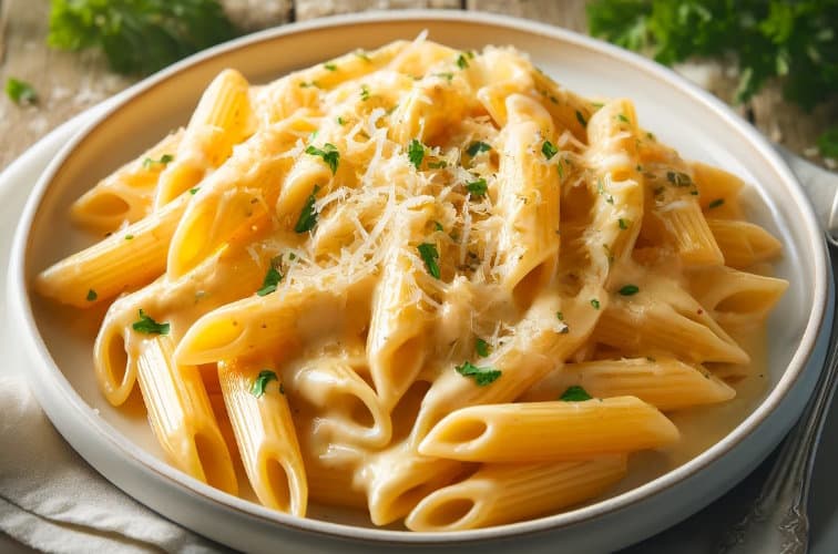 Penne ai Quatro Formaggi cremig und mit frischen Parmesan darübergerieben