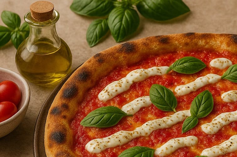 Pizza Stracciatella mit Olivenöl und Basilikum Nahaufnahme