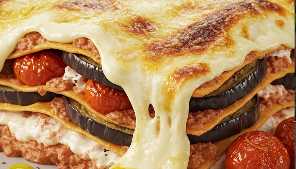 Cremige Lasagne alla Norma mit viel überbackenem Mozzarella-Käse und Ricotta Salata.