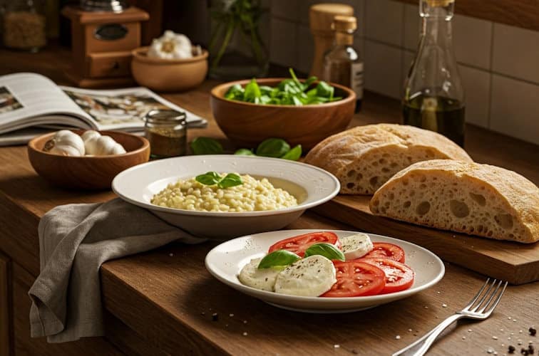 Risotto-Beilagen Caprese-Salat und Ciabatta