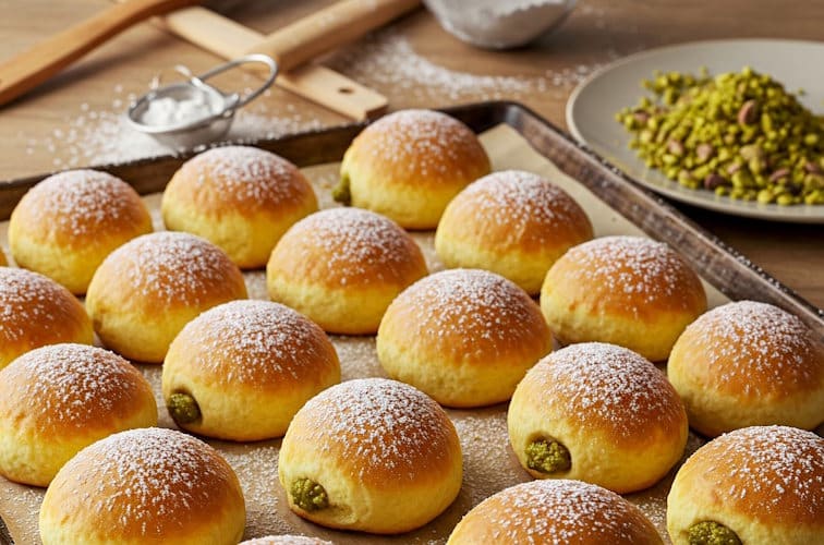 klassische Pistazienkrapfen mit Cremefüllung und Staubzucker