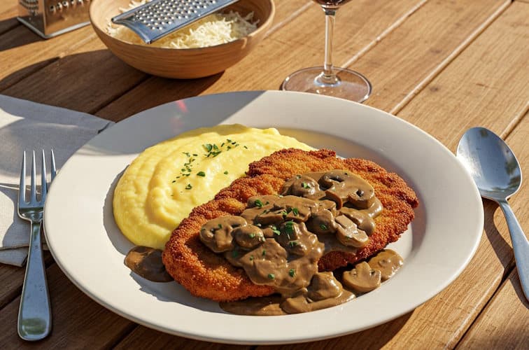 Was passt zu Polenta? Die besten Beilagen 4 Polenta mit Schnitzel und Champignonsauce