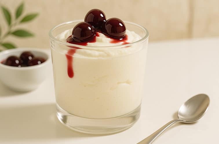 Ricotta-Creme mit Amarena-Kirschen im Glas serviert