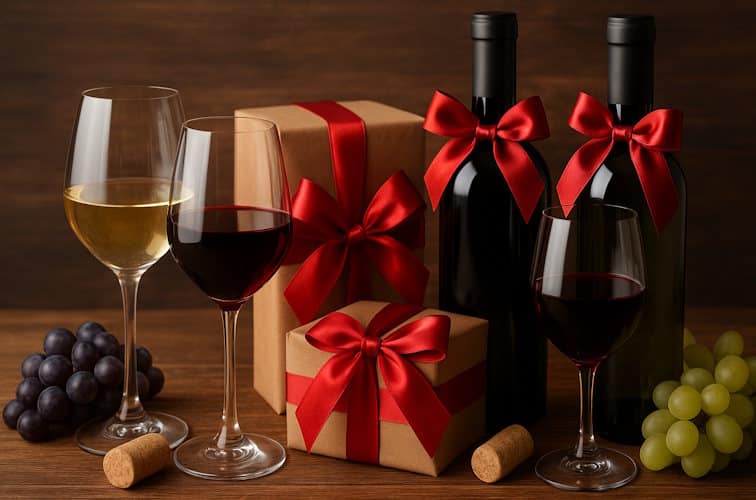 Wein zum Verschenken mit Schleifen und als Paket verpackt, daneben Weingläser und Trauben