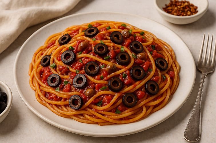 Spaghetti alla Puttanesca mit schwarzen Olivenscheiben oben drauf und viel Kapern.
