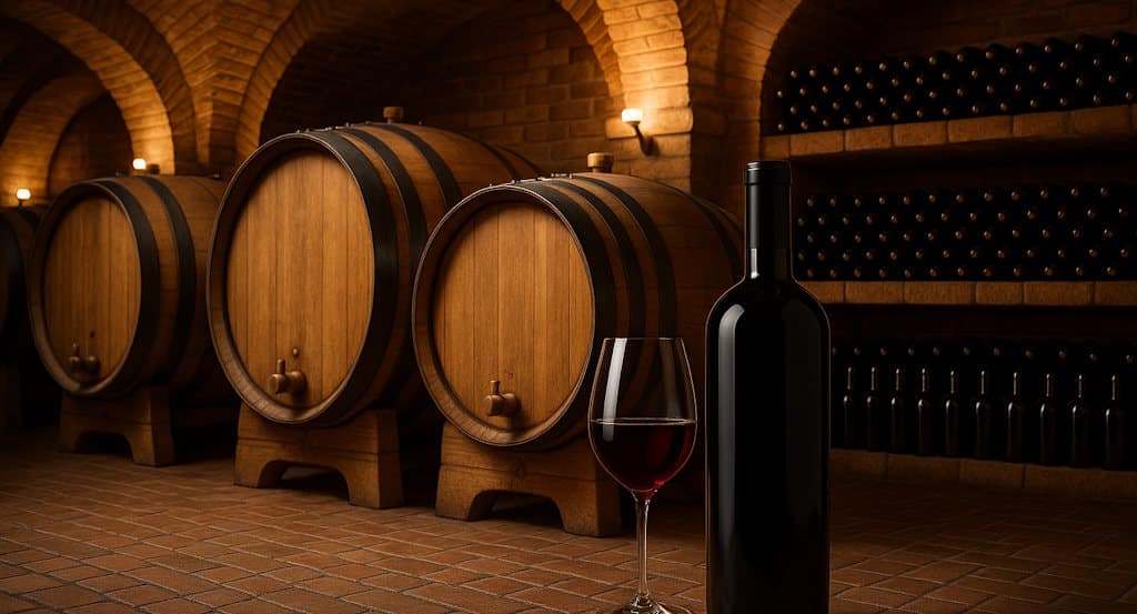 Lagrein Wein im Weinkeller mit Holzfässern stimmungsvoll beleuchtet