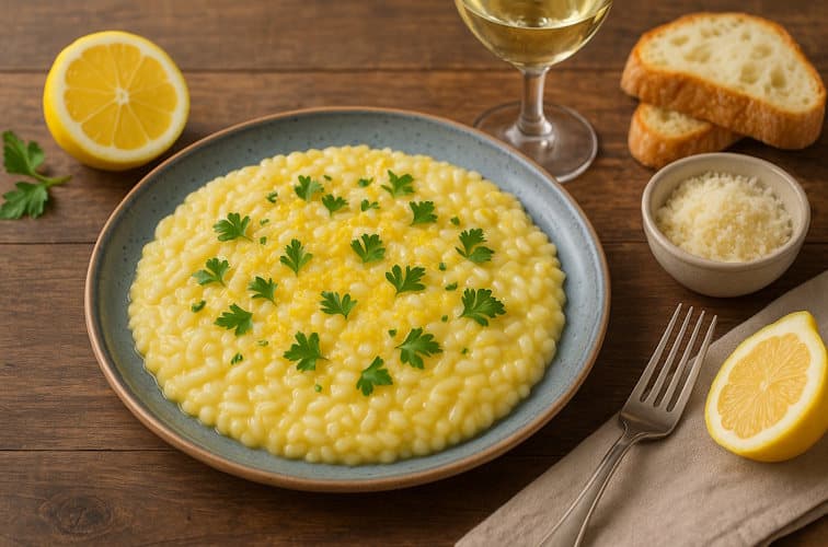 Risotto al Limone mit Petersilie und als Beilage Ciabatta und Weißwein