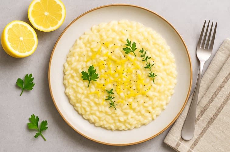 Risotto al Limone mit Petersilie garniert und Pfeffer