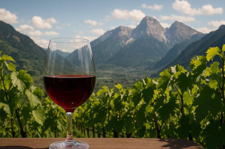 Südtiroler Rotweinglas vor Bergkulisse und Weinberg
