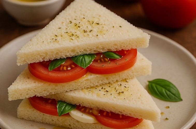 Tramezzini mit Tomaten, Mozzarella und Basilikum sowie Oregano und Olivenöl