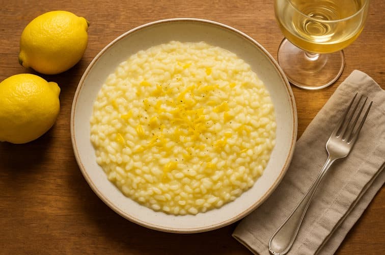 Risotto al Limone klassisch am Teller serviert mit Weißwein
