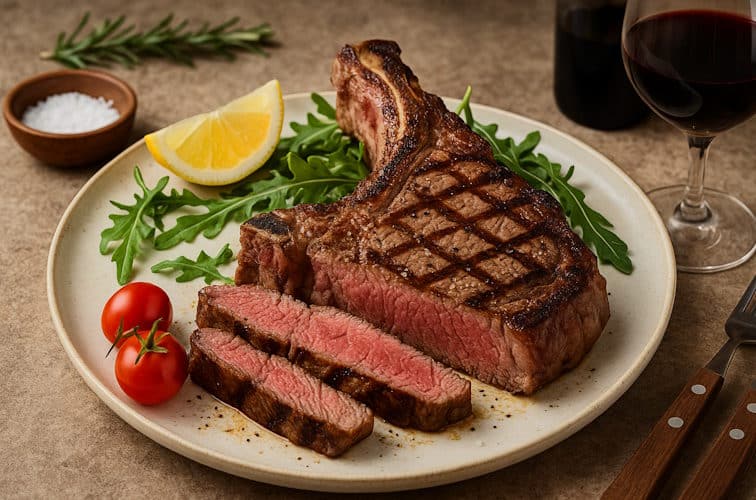 Bistecca alla Fiorentina auf toskanische Art zubereitet mit Rotwein serviert.