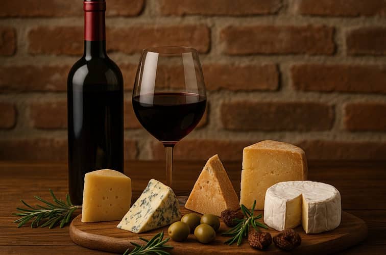 Rotwein und eine Käseplatte klassisch serviert