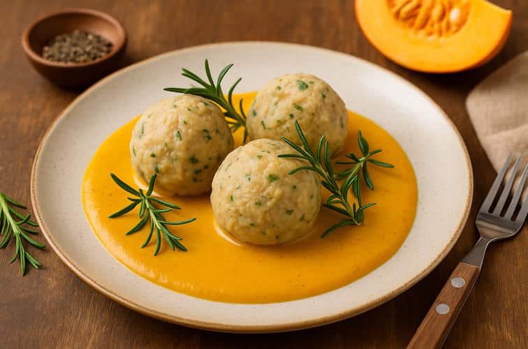 Saucen zu Knödeln – der unterschätzte Hauptdarsteller der Südtiroler Küche 9 Südtiroler Semmelknödel mit cremiger Kürbis-Rahm-Sauce und Rosmarin