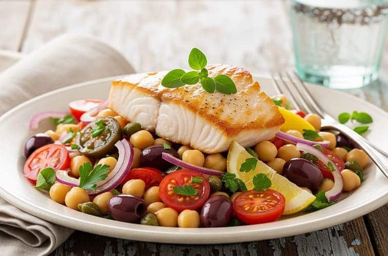 Insalata di ceci alla siciliana mit Fisch auf einem Teller