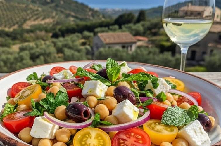 Insalata di ceci alla siciliana mit einem Glas Weisswein