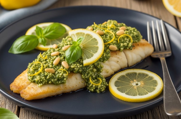 Pesto di limone mit Fisch serviert