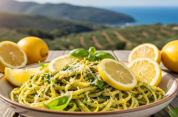 Pesto di limone mit Spaghetti serviert