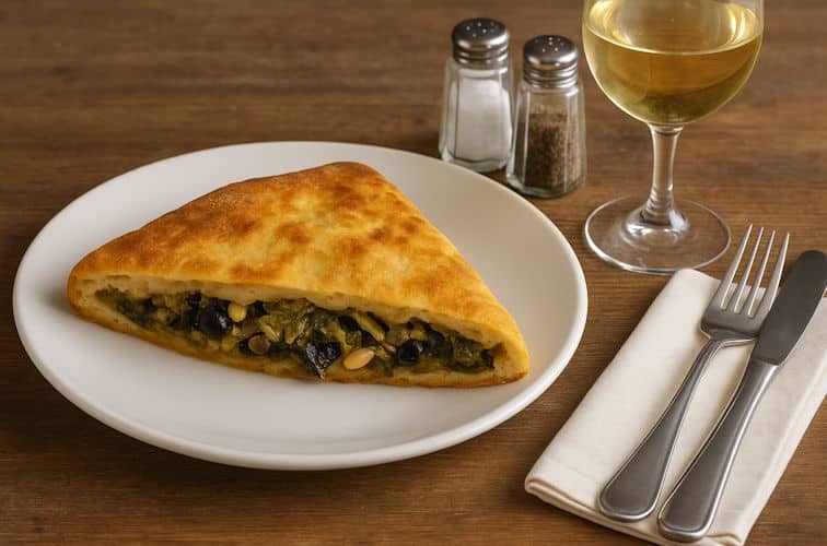 Pizza di Scarola Schnitte mit Weißwein serviert