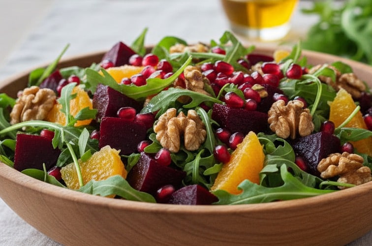Rote Bete Salat mit Rucola und Walnuessen eine Variante mit Orangen