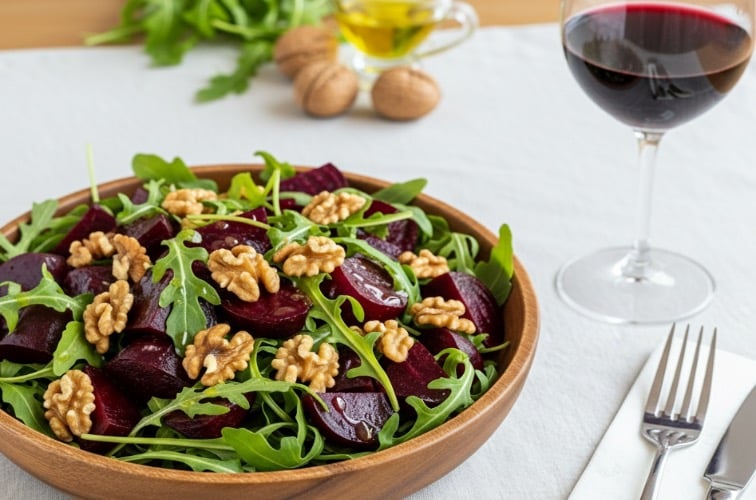 Rote Bete Salat mit Rucola und Walnuessen mit einem Weinglas