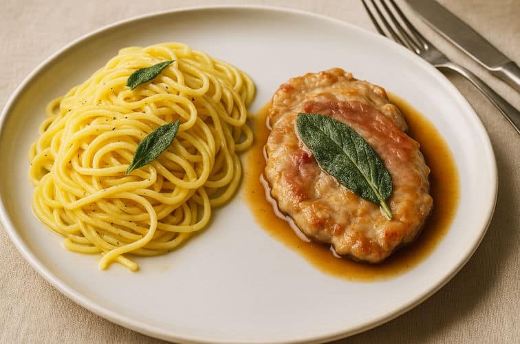 Tagliolini mit Butter und Salbei mit Saltimbocca zusammen serviert
