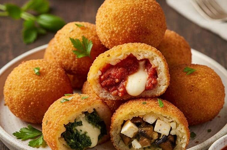 Arancini Fuellungen fertig auf einem Teller serviert