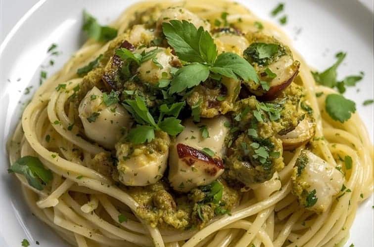 Artischocken Pesto mit Pasta und Meeresfruechten serviert