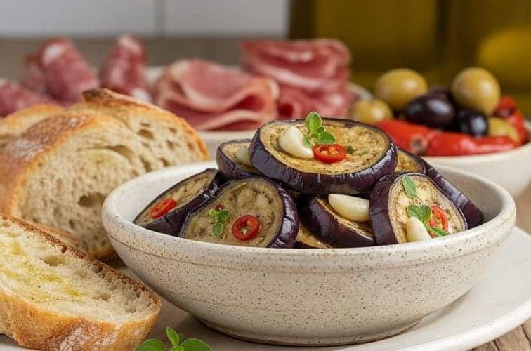 Auberginen einlegen sizilianisch mit Antipasti serviert