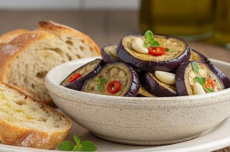 Auberginen einlegen sizilianisch mit leckerem Brot serviert