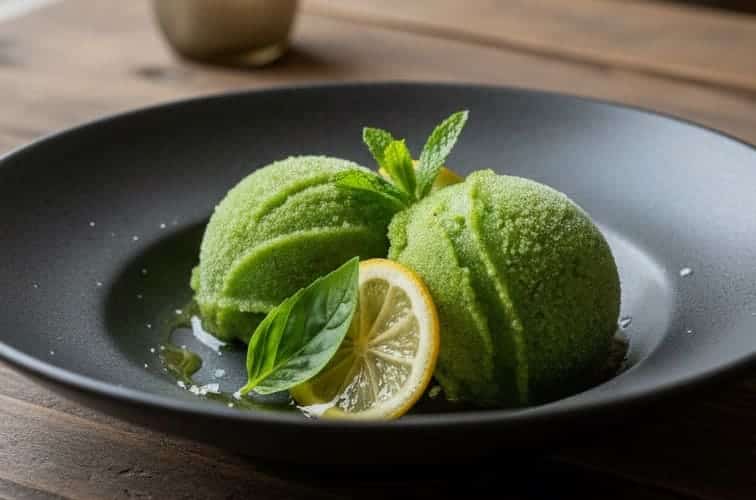 Basilikumsorbet ohne Eismaschine auf einem Teller angerichtet