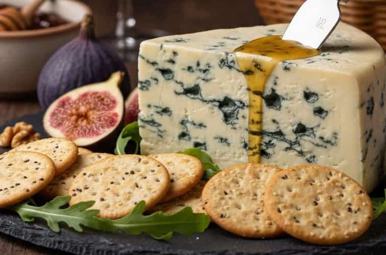 Dolce Gorgonzola: Das Originalrezept für cremigen italienischen Blauschimmelkäse 4 Dolce Gorgonzola mit Crackern serviert