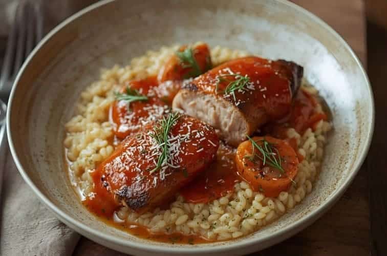 Gefuellte Schweinefilet italienisch mit Risotto serviert