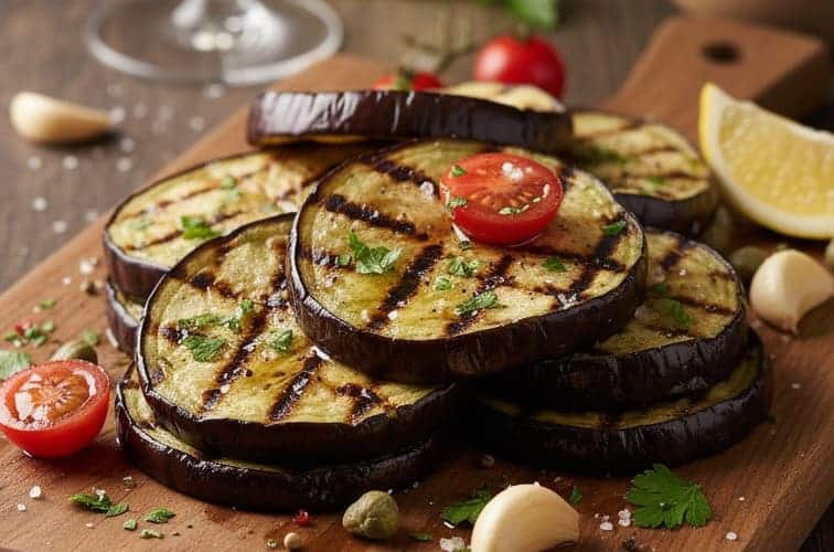 Gegrillte Aubergine – Original italienisches Rezept für zarte Antipasti 3 Gegrillte Aubergine auf einem Brett angerichtet
