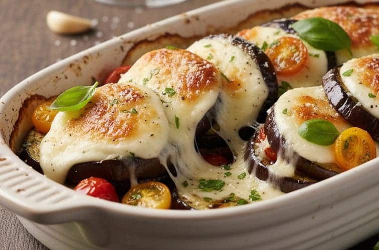 Gegrillte Aubergine – Original italienisches Rezept für zarte Antipasti 4 Gegrillte Aubergine mit Tomate und Mozzarella ueberbacken